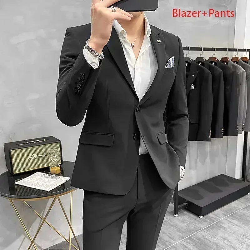 ( Blazer + Pants ) High End Brand Plaid Men's Casual Formal Office Business Suit Groom Wedding Dress Slim Suit Jacket Trousers