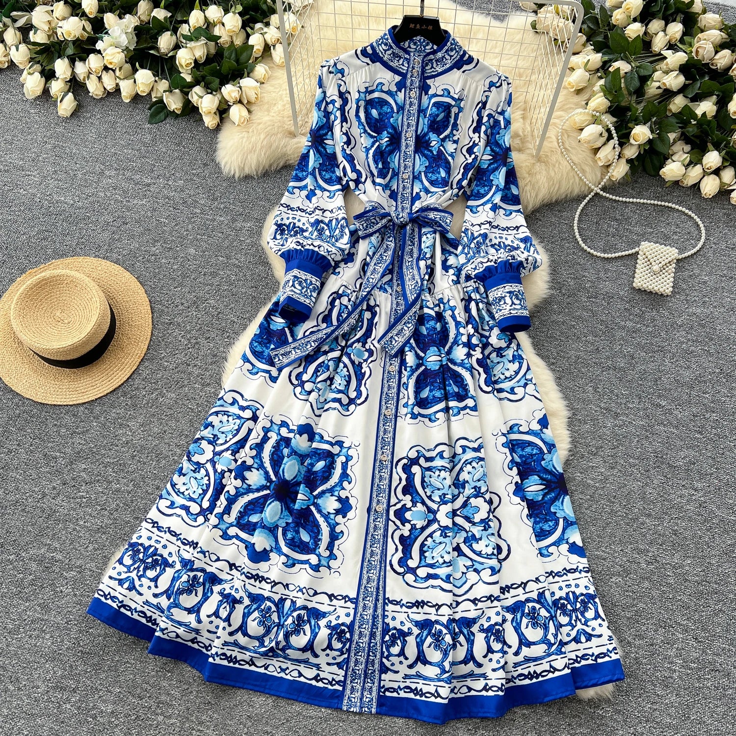 Elegant Long Sleeves Vintage Stand Collar Chic Single Breasted Print Bandage Slim Long Dress High Street Autumn Winter Clothing