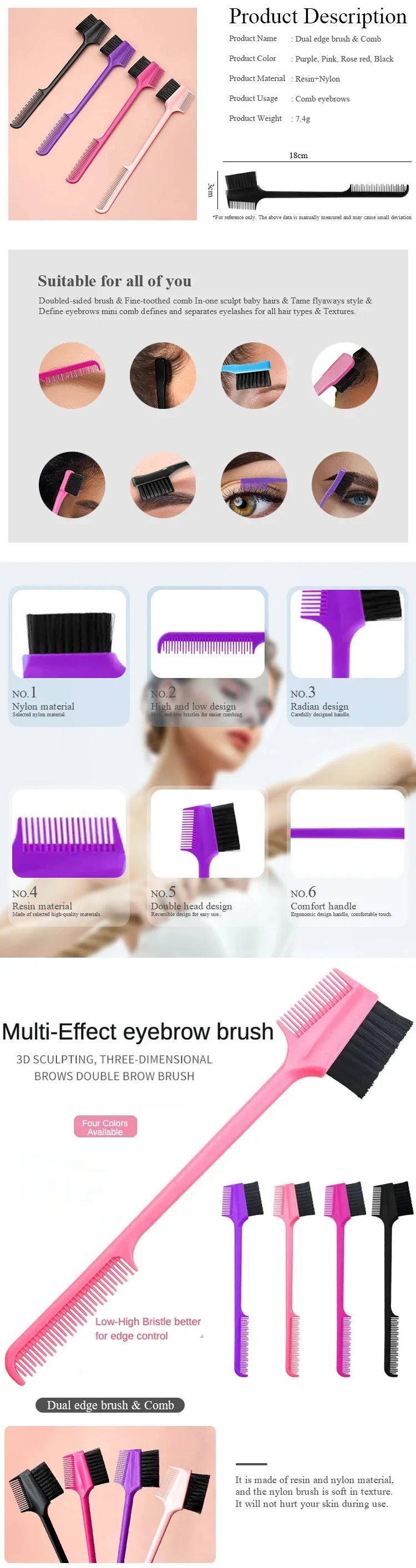 Three in One Edge Brush, Double-sided Edge Control Brush, Hair Salon Comb Brush, Beauty Tool Special for Real Hair Wigs