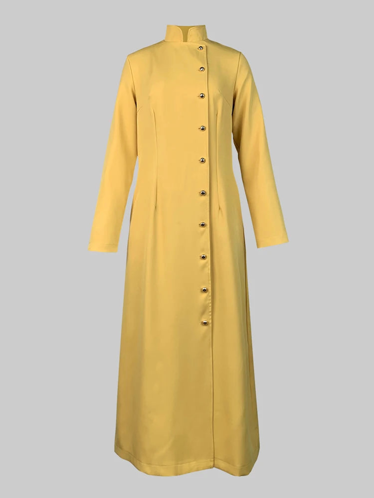 Solid Color Dress for Women 2025 Stand Collar Long Sleeves Single-breasted H-Line Midi Dress Autumn Fashion High Street Dress
