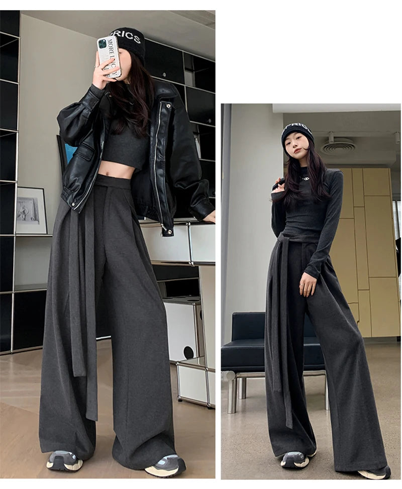 MEXZT Woolen Wide Leg Pants Women Fashion Lace Up Black Baggy Suit Pants Winter Streetwear Korean Casual Straight Trousers New