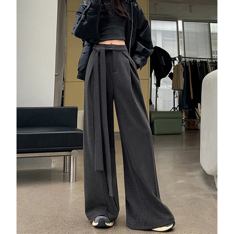 MEXZT Woolen Wide Leg Pants Women Fashion Lace Up Black Baggy Suit Pants Winter Streetwear Korean Casual Straight Trousers New