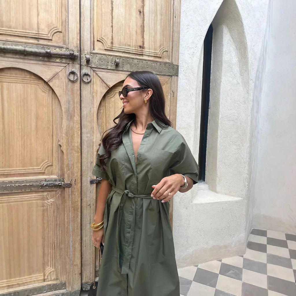 Fashion Commuter Long Skirt Office Elegant Lapel Shirt Dress Women Casual Elegant Single-breasted Short-sleeved Party Dress