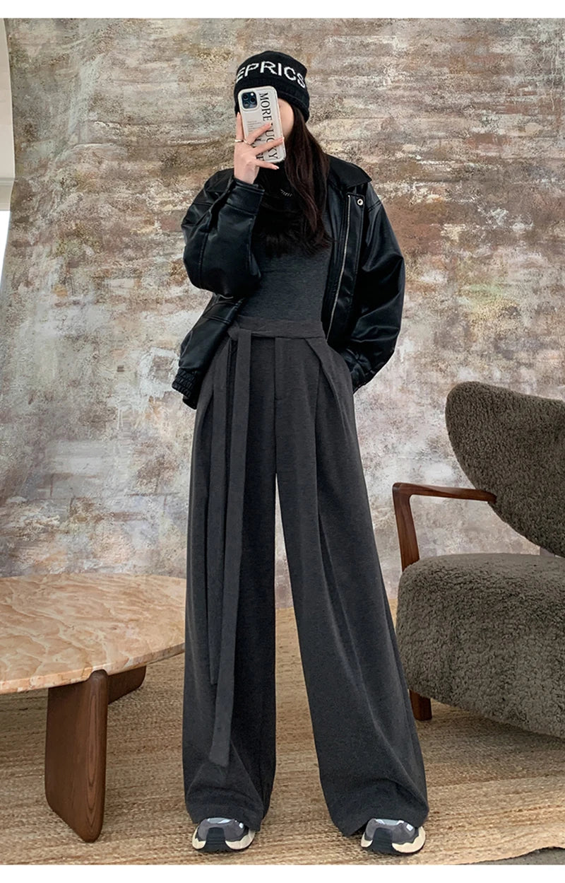 MEXZT Woolen Wide Leg Pants Women Fashion Lace Up Black Baggy Suit Pants Winter Streetwear Korean Casual Straight Trousers New