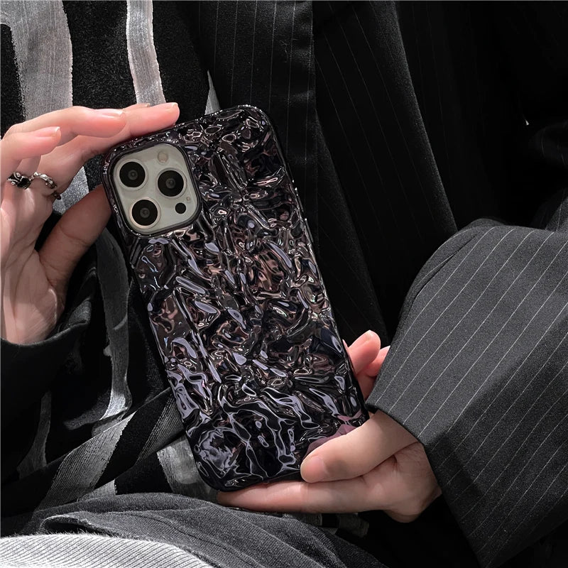 Plating Metal Color Silver Tin Foil Pleats Case For iPhone 14 13 12 11 15 16 17 Pro Max Air Mini XS XR Plus Silicone Phone Case