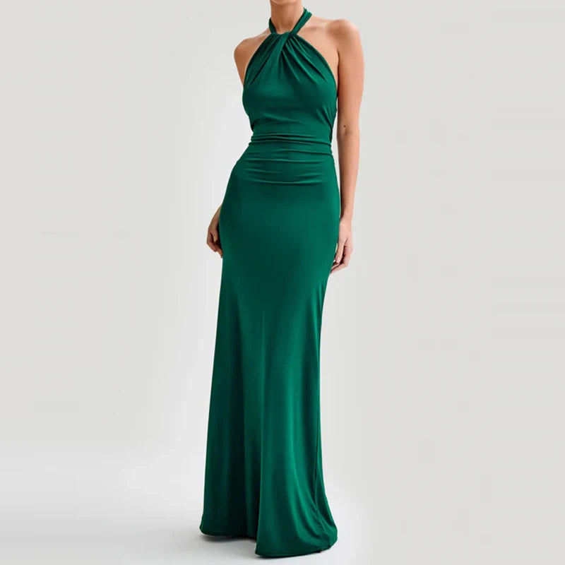 Sexy Sleeveless Slim One-piece Robes Elegant Lady Solid Pleated Evening Dresses Temperament Off Shoulder Back Twist Halter Dress