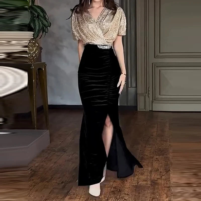 Sexy Elegant Sequin Velvet Slimming Party Dresses Women V Neck Sparkling Ball Gathering Club Split Long Dress Women Clothing