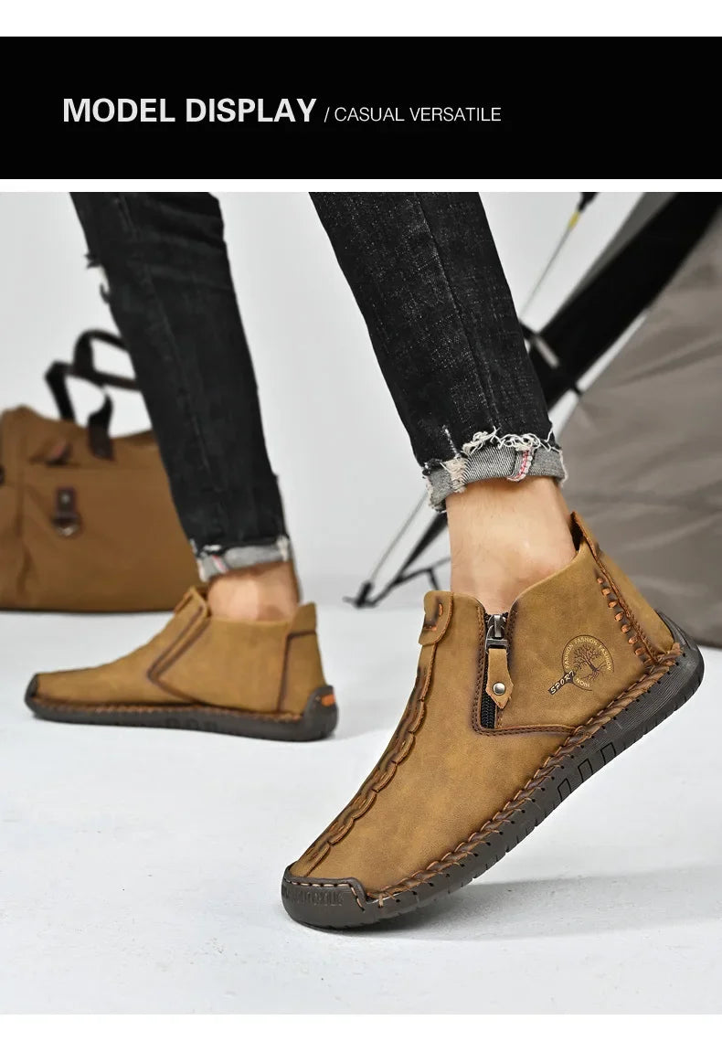 Men Boots Handmade Casual Ankle Boats for Man Male Hombres Walking Shoe Breathable Hombres Leather Wide Upright Zipper Shoes