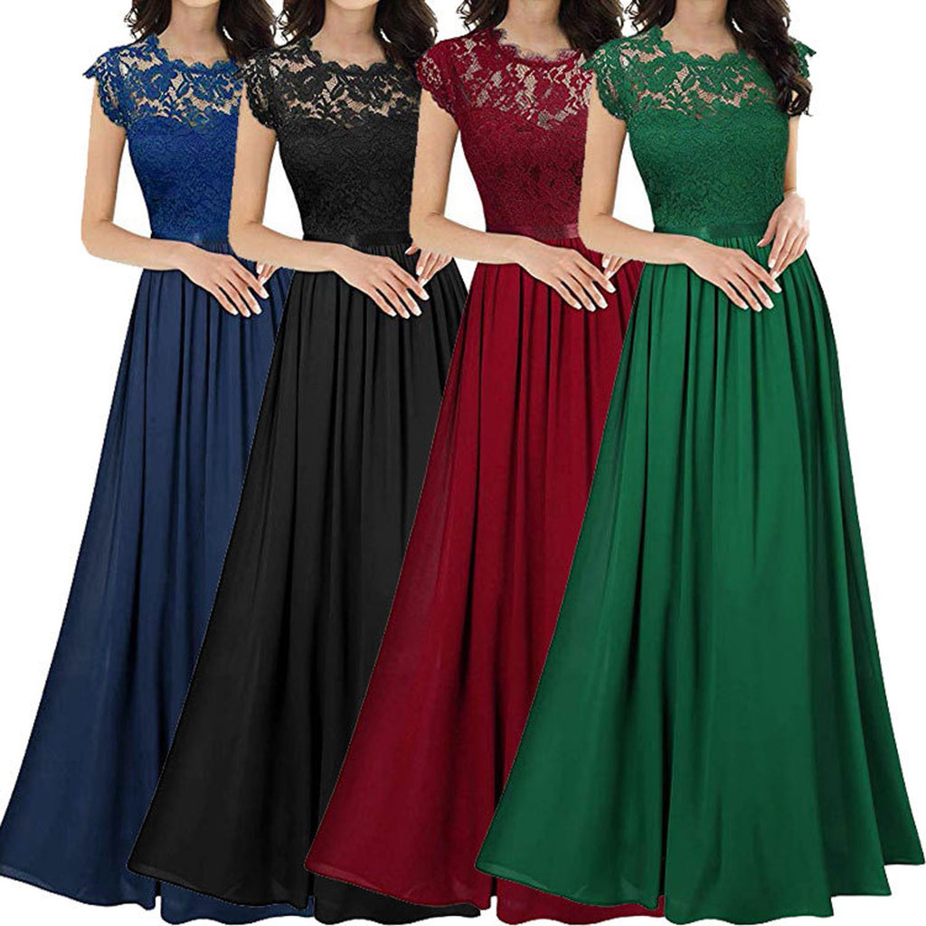 Elegant Lace Evening Party Dress Women V-neck Short Sleeve Chiffon Dress Ladies Big Swing Wedding Long Dress Vestidos de Festa