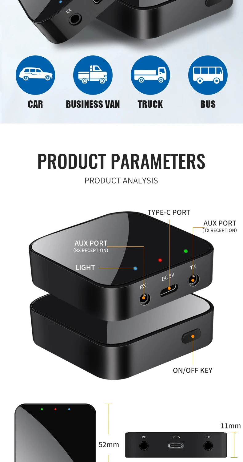 Bluetooth 5.3 Car Transmitter and Receiver Wireless 3.5mm Aux Audio Adapter Bluetooth Car Music Receiver for Headphones Speaker