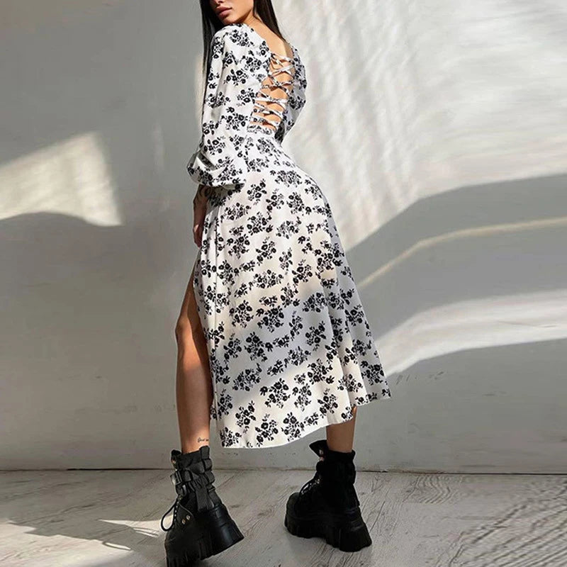 Chic Floral Printed Lantern Long Sleeve Dress Women Backless Cross Strap Split Long Dress Elegant Square Collar Slim Vestidos