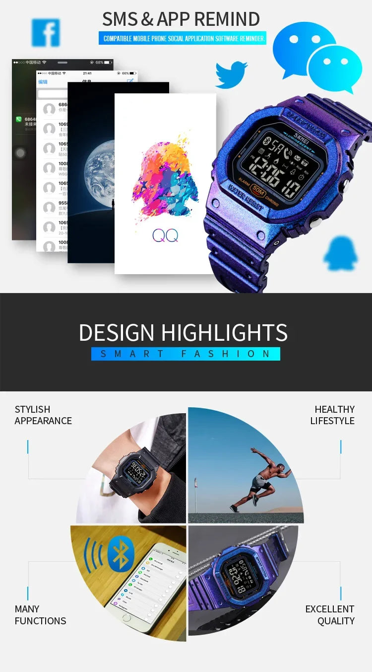 SKMEI Pedometer Calorie Tracker For Iphone Huawei Xiaomi Male relogio Mens Bluetooth Wristwatches 1629 Sport Digital Watch