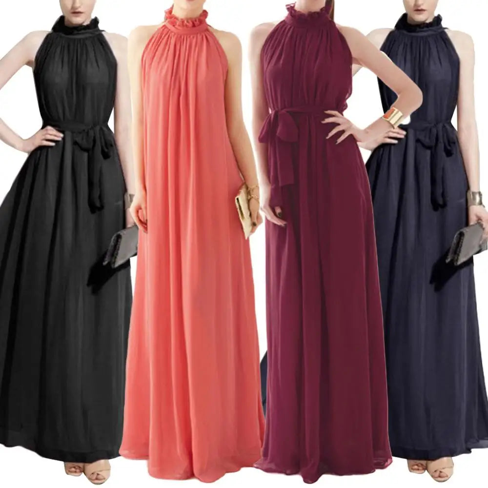 Evening Party Dress Solid Color Ruffled Collar Women Sleeveless Maxi Dress with Belt 2024 Summer Clothes