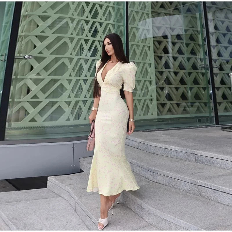 Elegant Printed Maxi Dress Women Half Sleeve V-Neck Button Waist-Closed Hip Package Ruffle Dresses 2026 Spring Summer Lady Robe