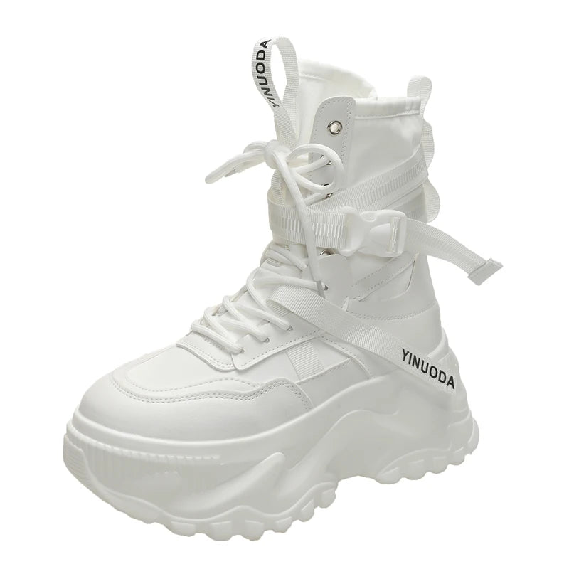 Women Ankle Boots Autumn Leather Chunky Shoes Woman High Platform Breathable Sneakers 8CM Thick Sole Wedges Motorcycles Boots