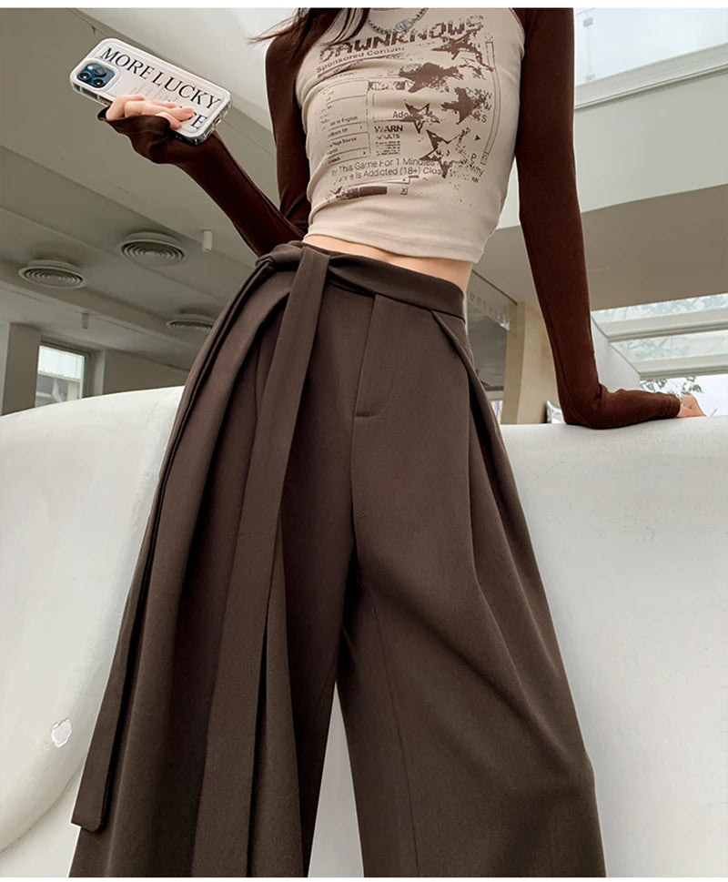 MEXZT Woolen Wide Leg Pants Women Fashion Lace Up Black Baggy Suit Pants Winter Streetwear Korean Casual Straight Trousers New