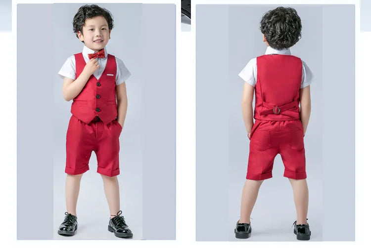 Boys Formal Birthday Photograph Suit Kids Summer Vest Shirt Short Bowtie Wedding Dress Teenager Suit Children Graduation Costume
