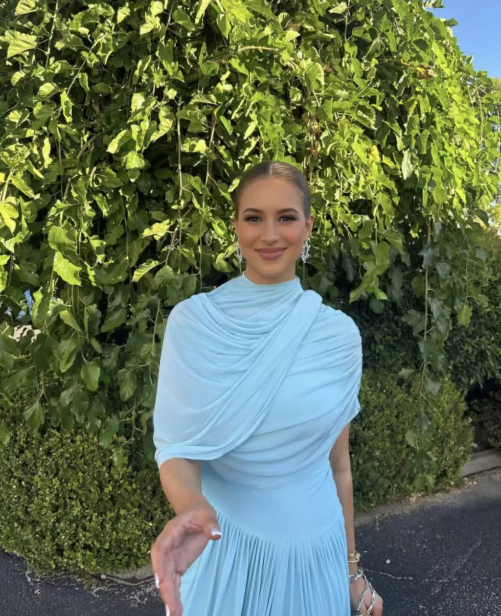 Elegant Shawl Ruched Asymmetrical Maxi Women Dress Summer Light Blue Slim Light Blue Party Dress Female Chic Evening Prom Gowns