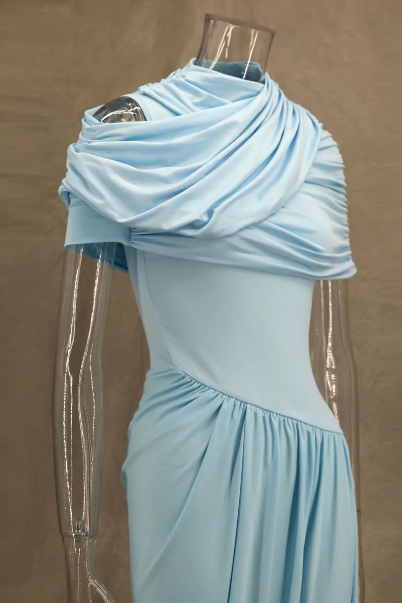 Elegant Shawl Ruched Asymmetrical Maxi Women Dress Summer Light Blue Slim Light Blue Party Dress Female Chic Evening Prom Gowns