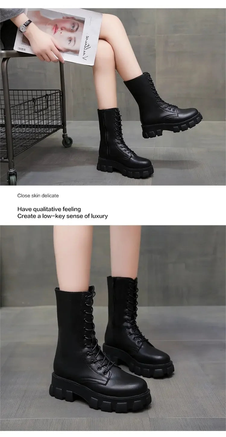 2024 Winter Shoes Women White Boots Autumn Fashion PU Leather Platform Gothic Boots Punk Combat Mid-Calf Boots For Women Booties