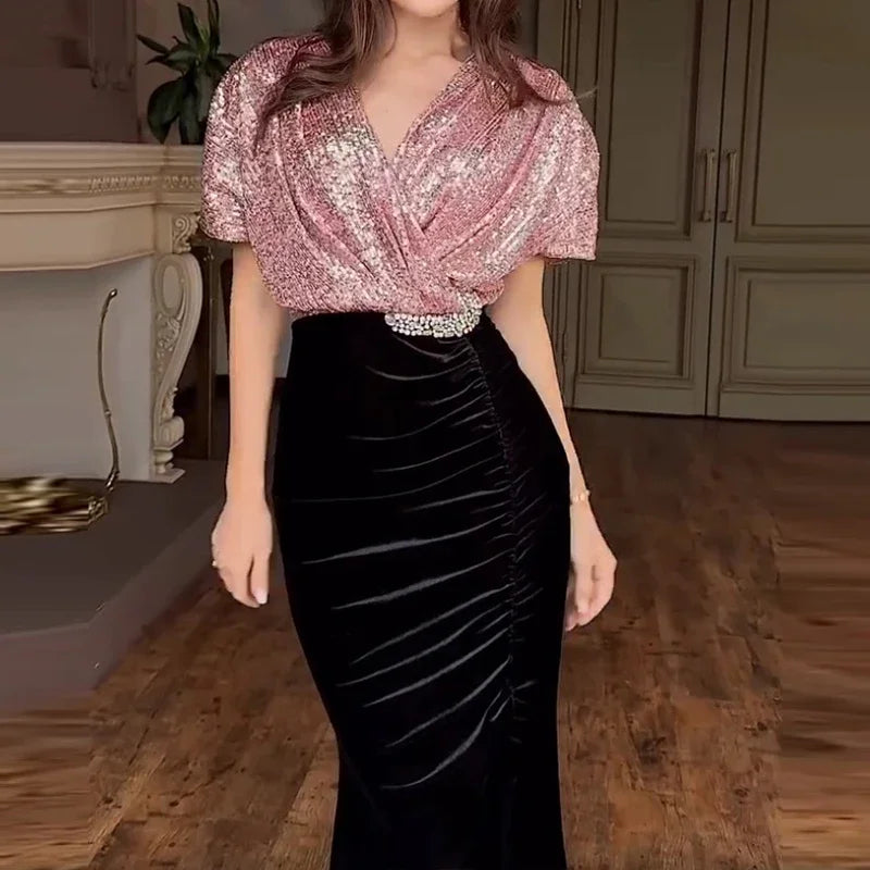 Sexy Elegant Sequin Velvet Slimming Party Dresses Women V Neck Sparkling Ball Gathering Club Split Long Dress Women Clothing