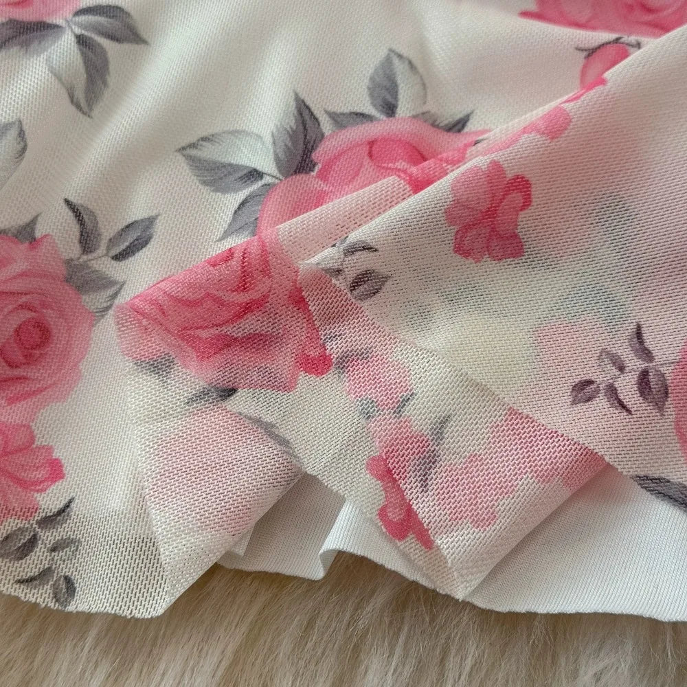 SsTss Summer Sweet Pink Floral Print Mesh Bodycon Dress for Women Elegant Square Neck Sleeveless Slim Ruched Ruffles Party Dress