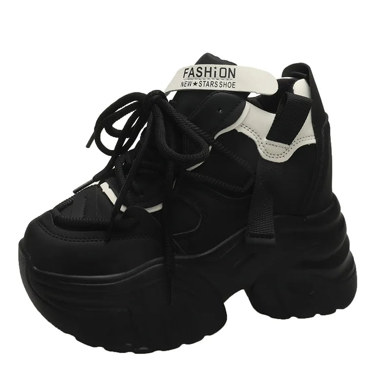Women Walking Sneakers Autumn Lace-up High Platform Chunky Shoes Breathable Leather Shoes 10.5CM Winter Wedge Heels Casual Shoes