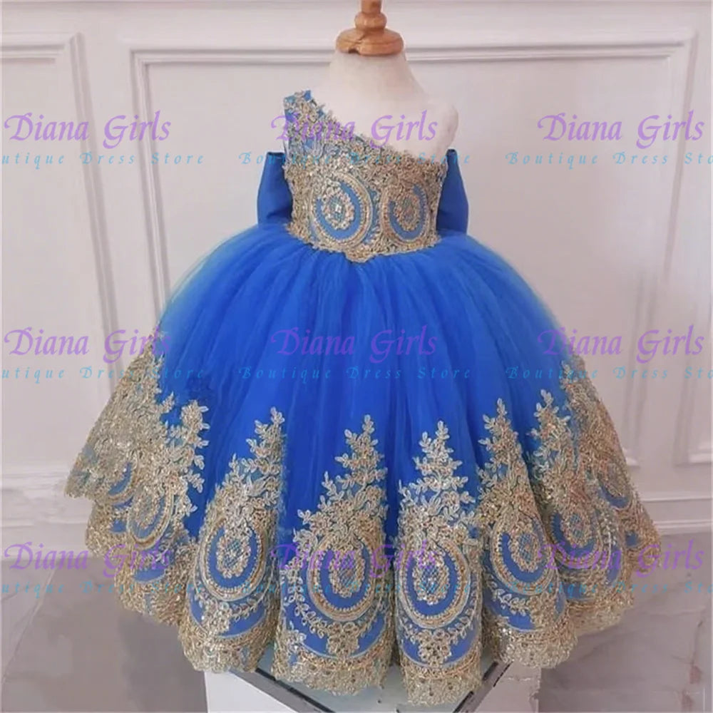 Flower Girl Dress One Shoulder With Gold Lace African Pageant Dresses Knot Bow Tulle Kids Birthday Party First Communion Gowns