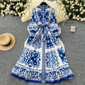 Elegant Long Sleeves Vintage Stand Collar Chic Single Breasted Print Bandage Slim Long Dress High Street Autumn Winter Clothing