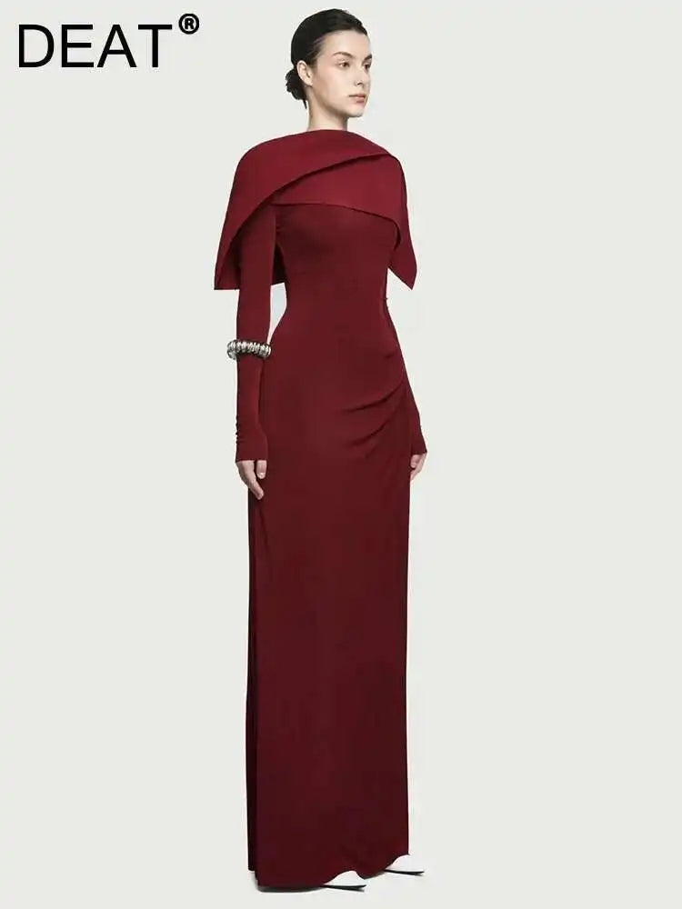 DEAT Elegant Dress Pleated Asymmetrical Cape Long Sleeve Contrast Color Women's Evening Party Dresses 2026 Spring New 35Z1621