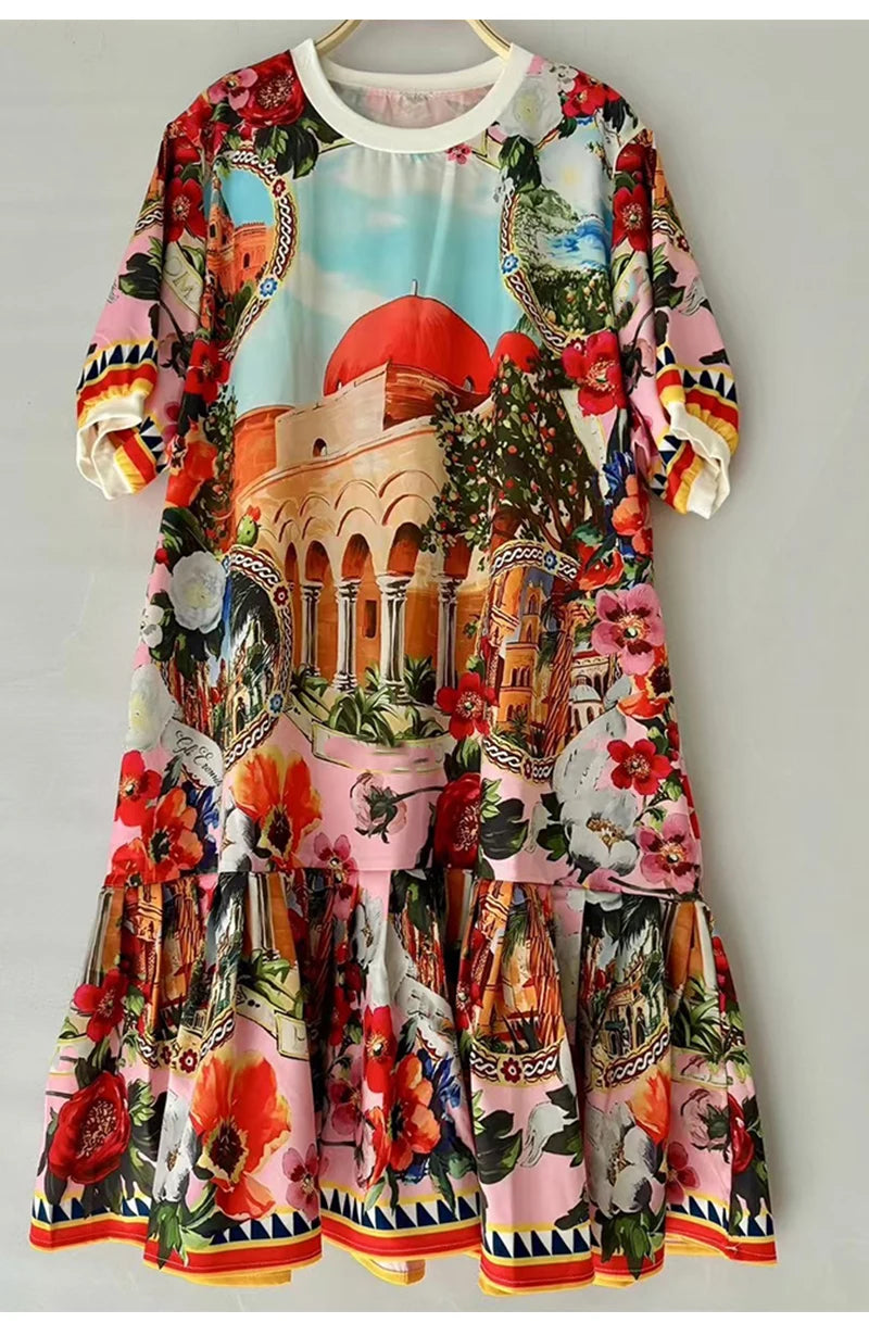 Fashion elegant geometric printing short sleeve loose dress Summer women's new temperament casual short straight skirt