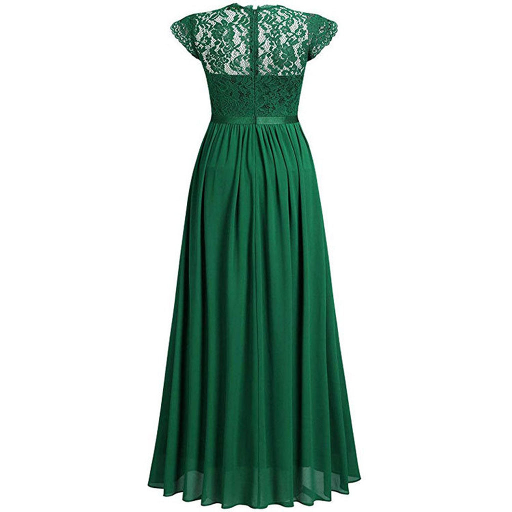 Elegant Lace Evening Party Dress Women V-neck Short Sleeve Chiffon Dress Ladies Big Swing Wedding Long Dress Vestidos de Festa