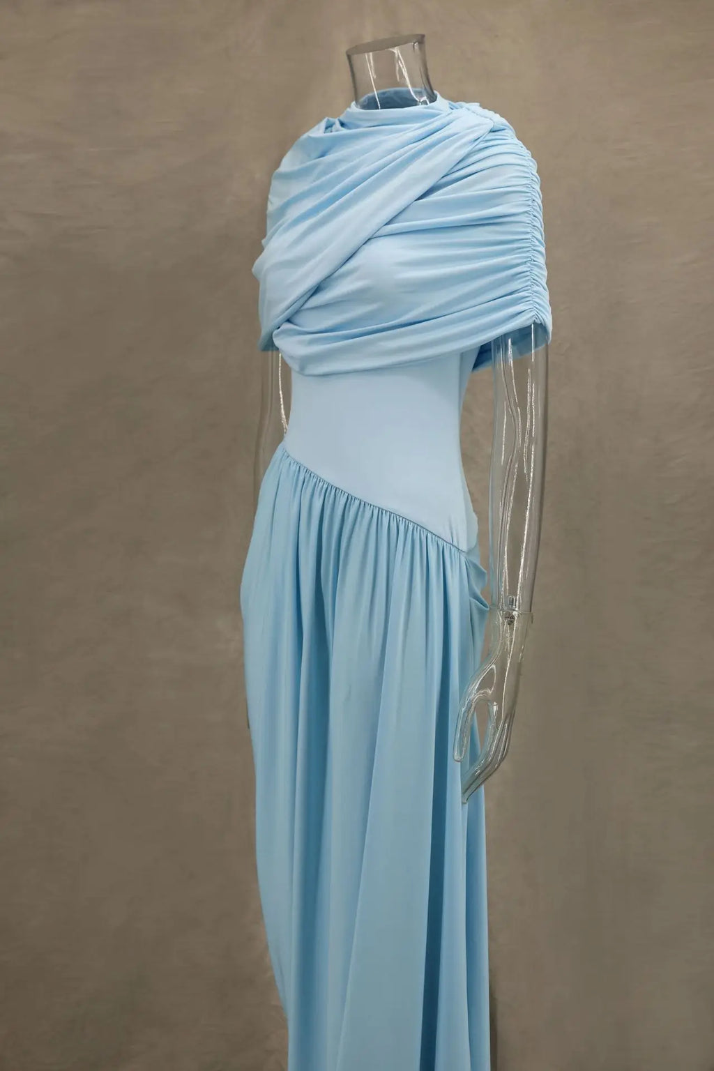 Elegant Shawl Ruched Asymmetrical Maxi Women Dress Summer Light Blue Slim Light Blue Party Dress Female Chic Evening Prom Gowns