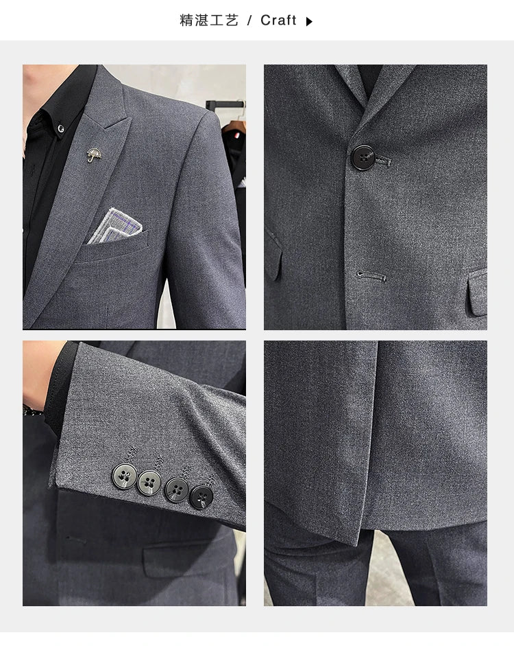 ( Blazer + Pants ) High End Brand Plaid Men's Casual Formal Office Business Suit Groom Wedding Dress Slim Suit Jacket Trousers