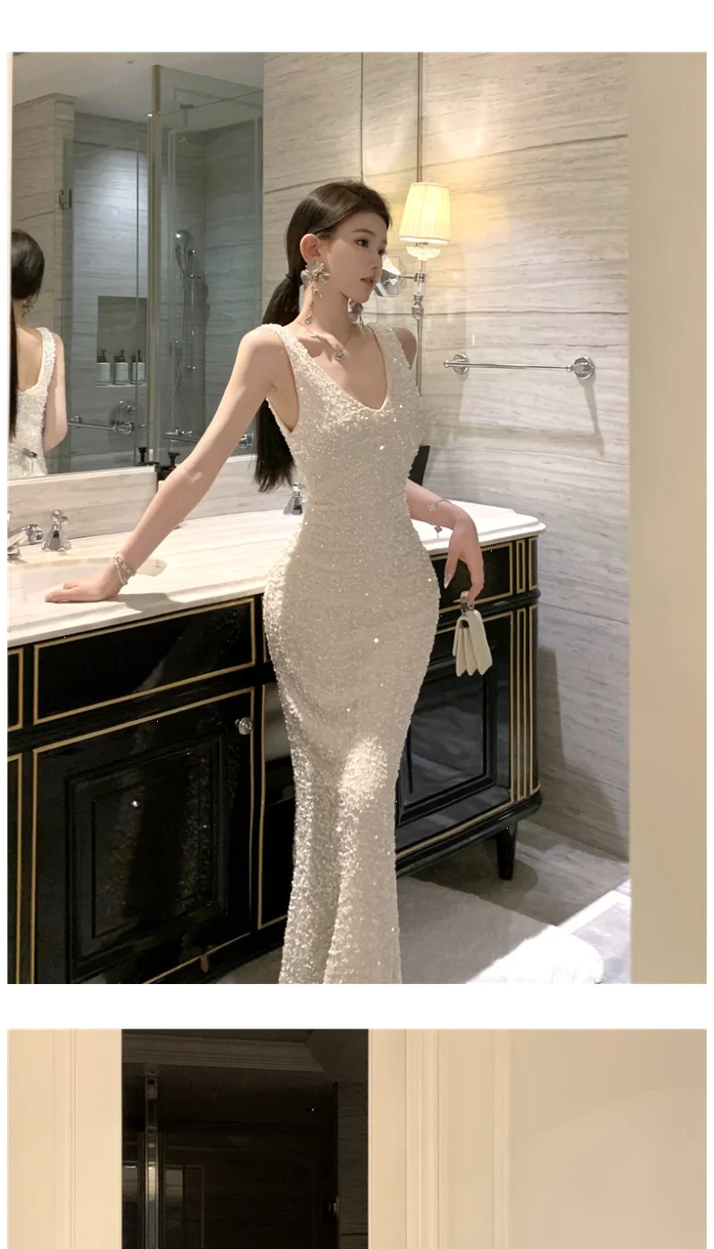 Heavy Industry Sequin V-neck Sling Dress Women's Autumn Slim Dress Temperament Fishtail Hip-wrapped Long Dresses