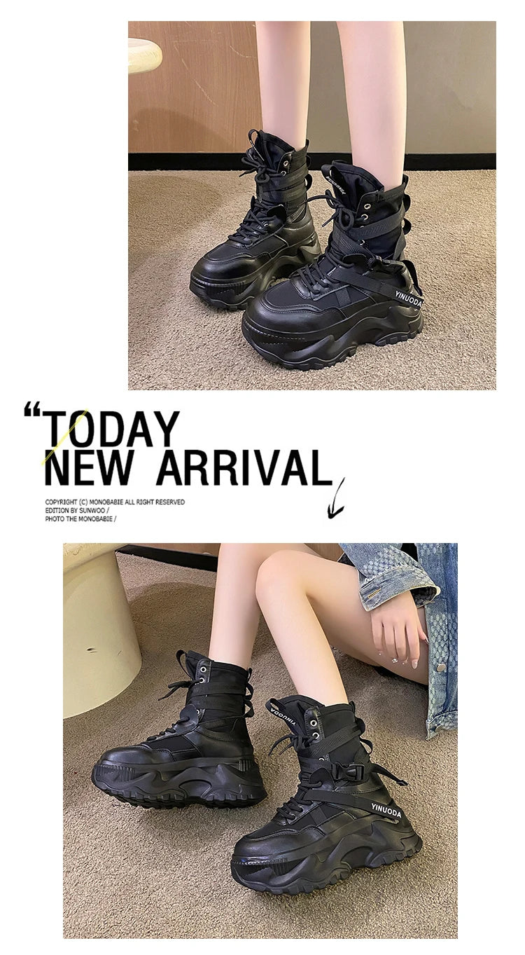 Women Ankle Boots Autumn Leather Chunky Shoes Woman High Platform Breathable Sneakers 8CM Thick Sole Wedges Motorcycles Boots