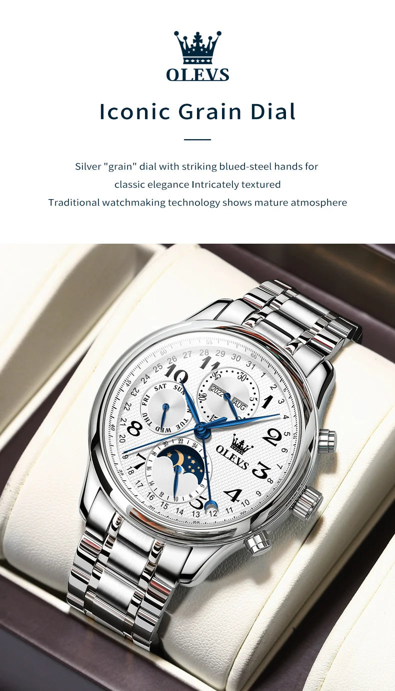 OLEVS Top Brand Luxury Automatic Mechanical Men Watches Moon Phase Steel Dress Fashion Business Waterproof Watch Reloj Hombre