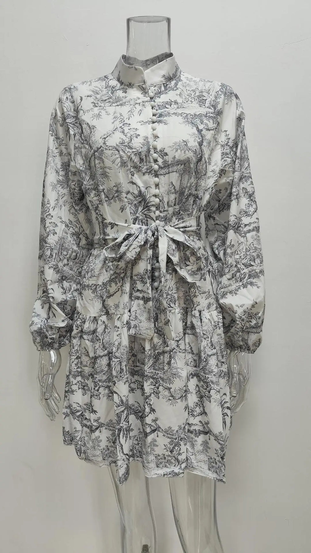 Vintage Printed Lace-Up Shirt Dress For Women Spring Summer Fashion Ruffled Pleated Long Sleeve High Street Women's Mini Dresses