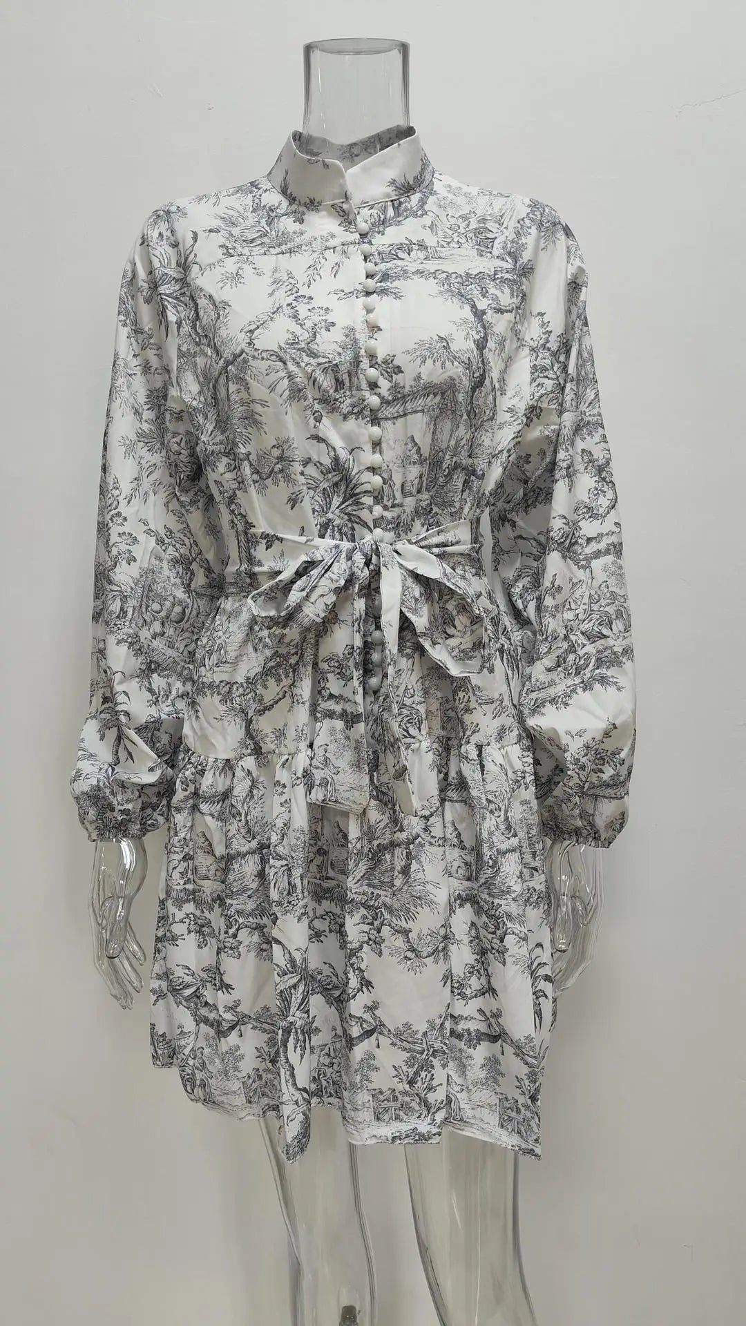 Vintage Printed Lace-Up Shirt Dress For Women Spring Summer Fashion Ruffled Pleated Long Sleeve High Street Women's Mini Dresses