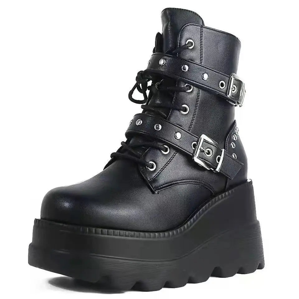 2025 Ankle Boots Platform Wedge Super High Heel Gothic Metal Heart Female Pumps Autumn Ladies Belt Round Toe Lolita Punk Shoe