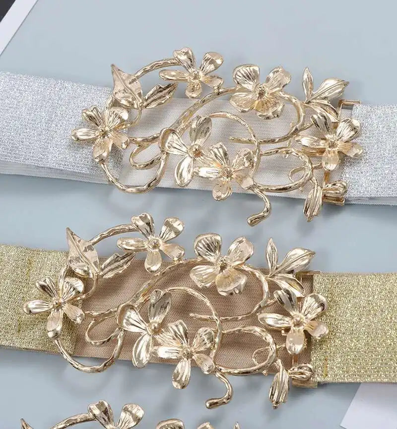 LANMREM Women Temperament Golden Flower Buckle Gold Silver Thread Elastic Waistband Fashionable Matching Skirt Dress 2DB1921