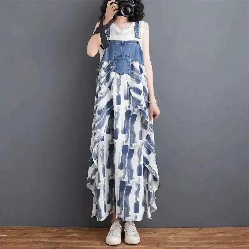 [EWQ] Sweet Women's Denim Dress Patchwork Contrasting Print Design Big Zise Casual Clothing Beautiful Sing Dresses 16O1075