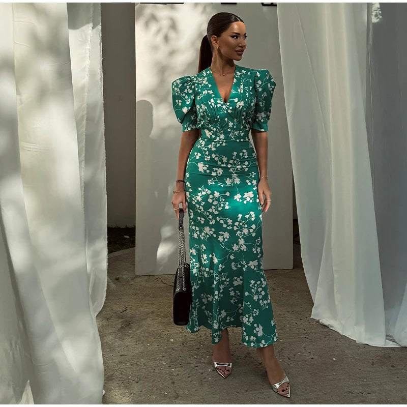 Elegant Printed Maxi Dress Women Half Sleeve V-Neck Button Waist-Closed Hip Package Ruffle Dresses 2026 Spring Summer Lady Robe