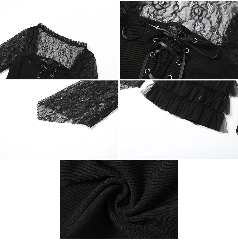 Nibber Black Retro Mysterious Lace Sexy Mature Beautiful Sweet Gentle Personality Women Drawstring Laminated Ruffled Tutu Dress