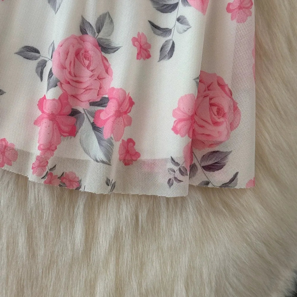 SsTss Summer Sweet Pink Floral Print Mesh Bodycon Dress for Women Elegant Square Neck Sleeveless Slim Ruched Ruffles Party Dress