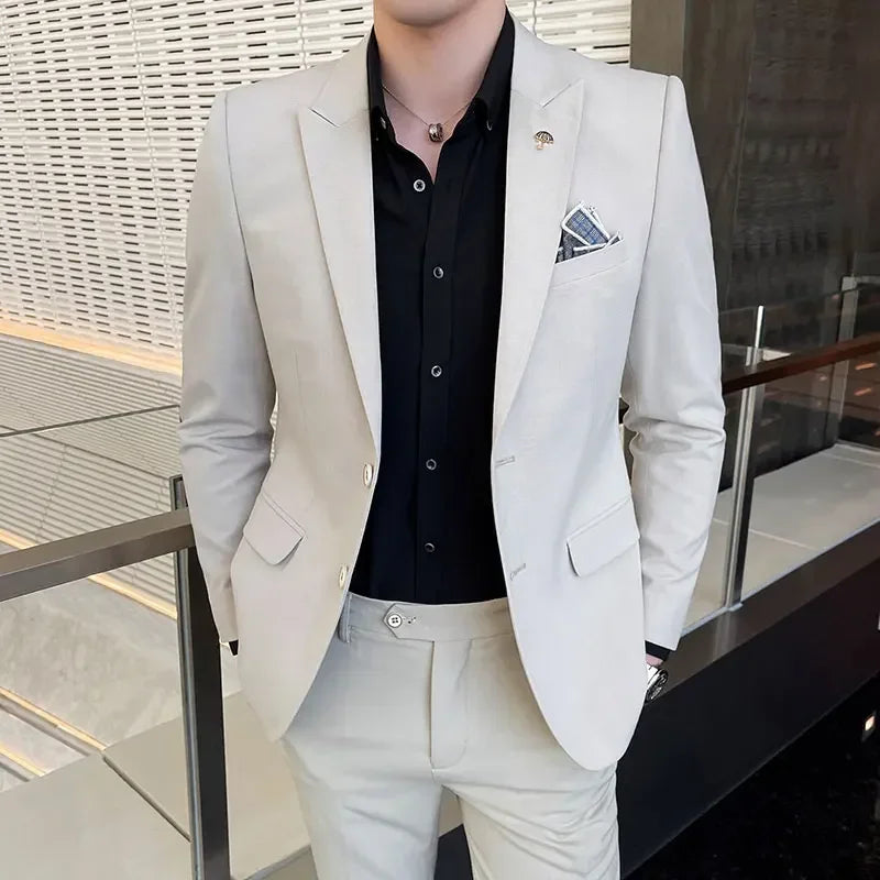 ( Blazer + Pants ) High End Brand Plaid Men's Casual Formal Office Business Suit Groom Wedding Dress Slim Suit Jacket Trousers