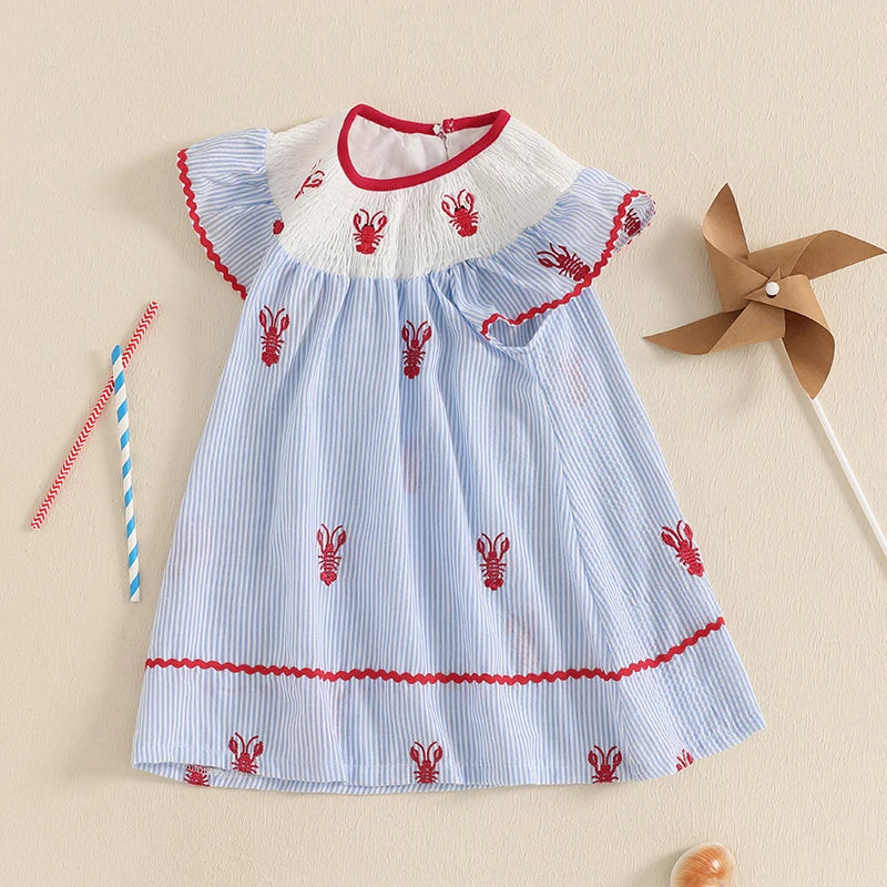 1-5Y Toddler Baby Girl Crawfish Smocked Ruffle Short Sleeve Dress Lobster Plaid Princess Dresses Summer Outfits