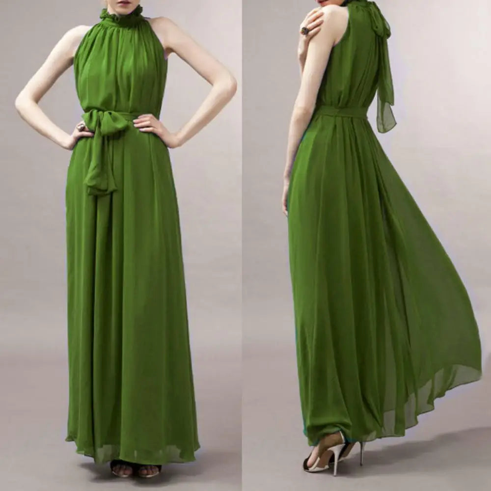 Evening Party Dress Solid Color Ruffled Collar Women Sleeveless Maxi Dress with Belt 2024 Summer Clothes