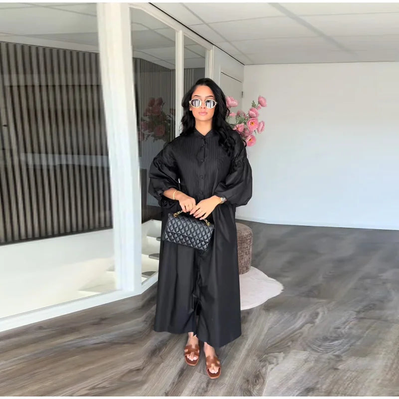 Loose Single Breasted Pleated Long Dress Women Elegant O-neck Lantern Sleeve A-line Party Dresses 2025 Summer Lady Casual Robes