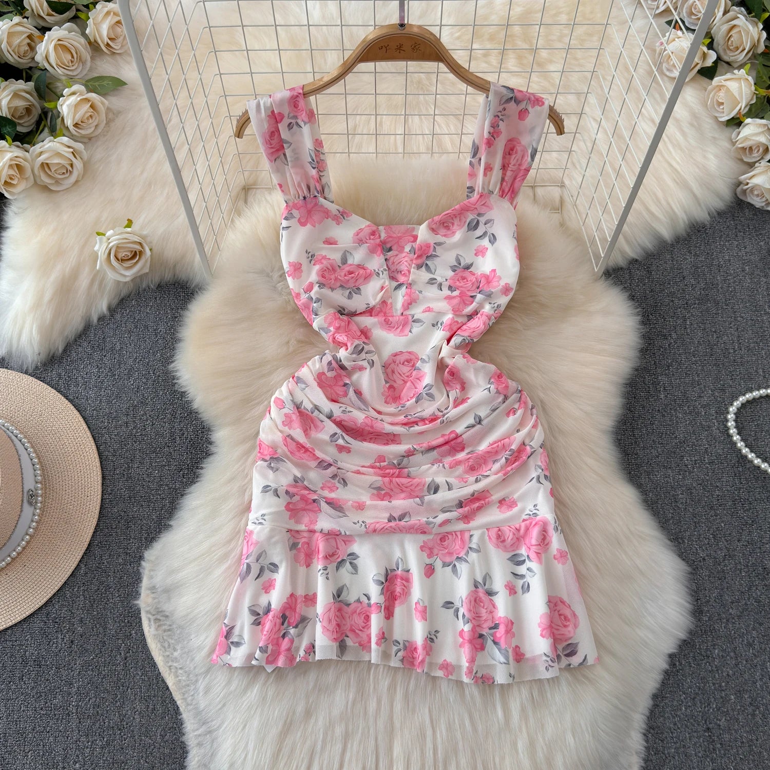SsTss Summer Sweet Pink Floral Print Mesh Bodycon Dress for Women Elegant Square Neck Sleeveless Slim Ruched Ruffles Party Dress